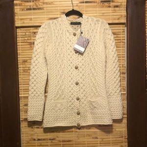 NWT Wool Ireland’s Eye Natural Aran Irish Cardigan Sweater Size Medium